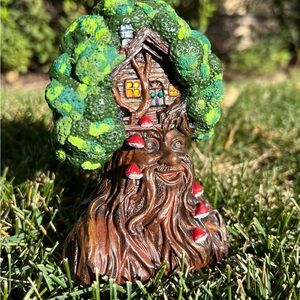 Whimsical Treehouse Man Figurine with Mushrooms